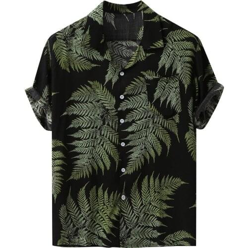 Mens Shirts Casual Short Sleeved Green Leaves Print Male Clothing Summer Loose Buttons Hawaiian Shirt Blouse Camisas de hombre