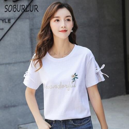 SOBURLUR 2021 Summer New Basic Shirt Women Tops O-neck Tees Woman T-shirt Womens T-shirt Solid color Short sleeve Crop Top