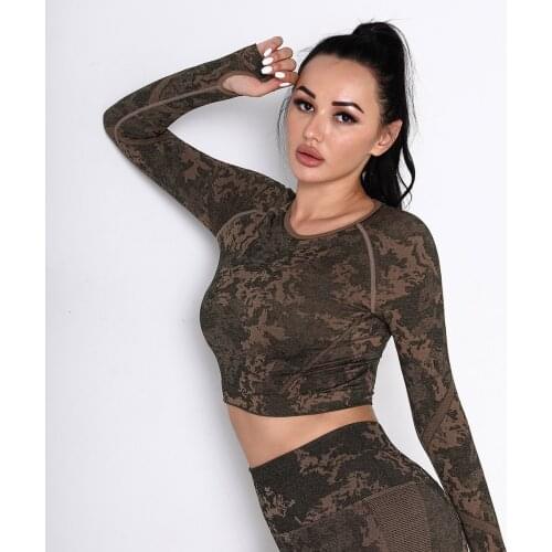 NCLAGEN Sports Top Women Seamless Camouflage Yoga Shirt Long Sleeve Thumb Holes Breathable Gym Clothes Running Fitness Blouse