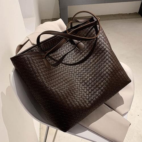 Women luxury woven pu leather black big tote handbag for female soft causal large capacity shoulder bag