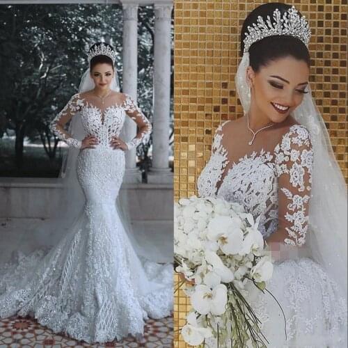 Mermaid Wedding Dresses Long Sleeves 2020 Arabic Applique Beaded Middle East Bridal Wedding Gowns Bride Dress Robe De Mariee