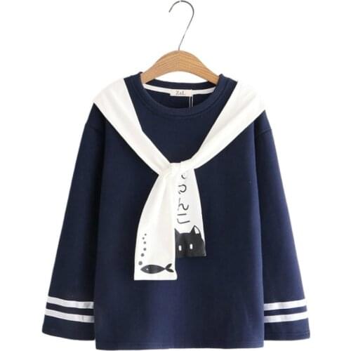 Winter Thick Women Hoodies And Sweatshirts Cartoon Cat Print Plus Velvet Pullover 2020 Autumn Flare Sleeve Tie Collar Tracksuits