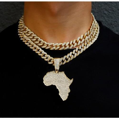 Fashion Crystal Africa Map Pendant Necklace For Women Mens Hip Hop Accessories Jewelry Necklace Choker Cuban Link Chain Gift