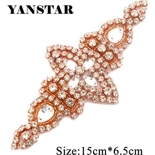 YANSTAR 2PCS Rhinestone Appliques Iron On Bridal Sash Rose Gold Ctystal Appliques DIY Wedding Dress Belt YS901