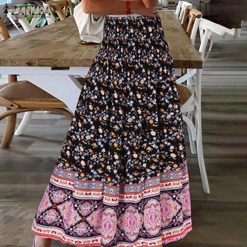 2021 Bohemian Printed Skirts ZANZEA Women Summer Elastic Waist Maxi Skirts Casual Ladies A-line Bottoms Oversize Holiday Skirt 7