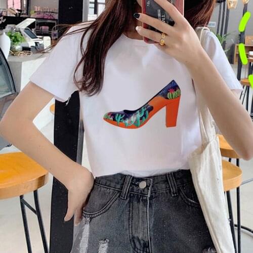 Womens T-shirt high-heeled shoes fashion graphic T-shirt women Fashion Soft Casual White T shirts Girls Tops Tees Female
