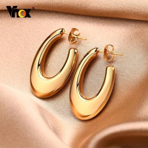 Vnox Women Chic Geometric Hoop Earrings,Gold Tone Stainless Steel Big Round Ear Clip Jewelry, Anti Allergy Metal Party Accessory