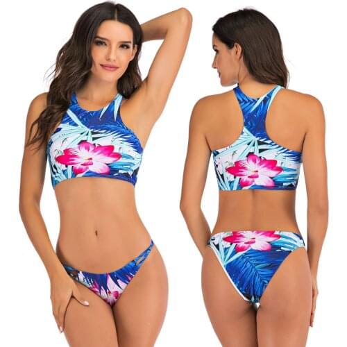 Women’s Sport Two Piece Swimsuits with Racerback Padded Crop Top Triangle High Cut Bottom Swimwear Bathing Suits