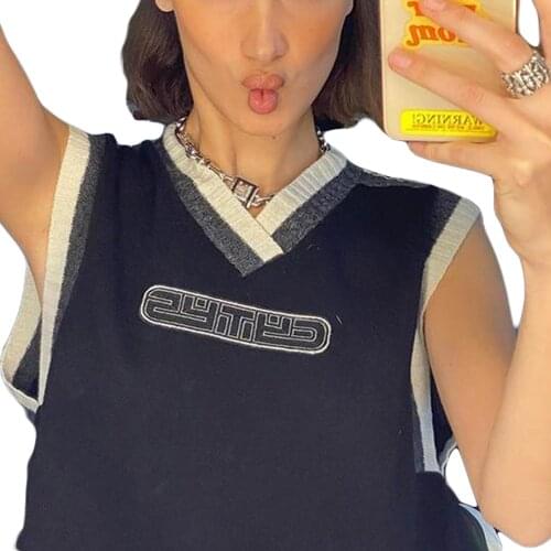 Women V Neck Sweater Vest Casual Sleeveless Letter Pattern Loose Knit Tank Tops