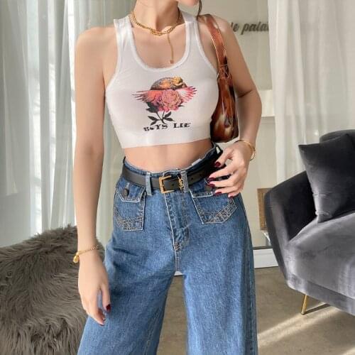 2021 Summer New Fashion Print Casual Sleeveless Slim White Crop Tops Elastic Breathable Comfort Cotton Tank Top Women Streetwear