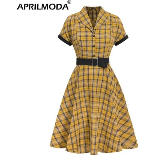 2020 Spring British Yellow Plaid Vintage Dress Women V Neck Belt Short Sleeve Big Swing Party Robe Rockabilly 50s Retro Dresses