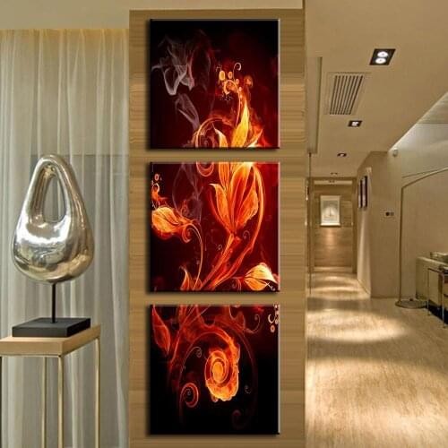 3 Pieces/set Printed Painting Abstract Canvas Wall Art Modern Wall Paintings Fire Floral Pattern In Black Art Picture Unframed