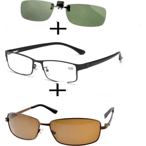 3Pcs!!!rectangular Metal Black Business Reading Glasses for Men Women + Alloy Polarized Sunglasses Driving + Sunglasses Clip