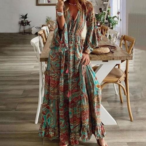 Boho Floral Print Ruffles Chic Long Party Dress Women V Neck Button Tassel Maxi Dress Retro 3/4 Flare Sleeve Beach Holiday Dress