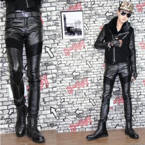 Autumn winter personality fashion motorcycle faux leather pants mens feet pants plus velvet trousers for men splice warm black