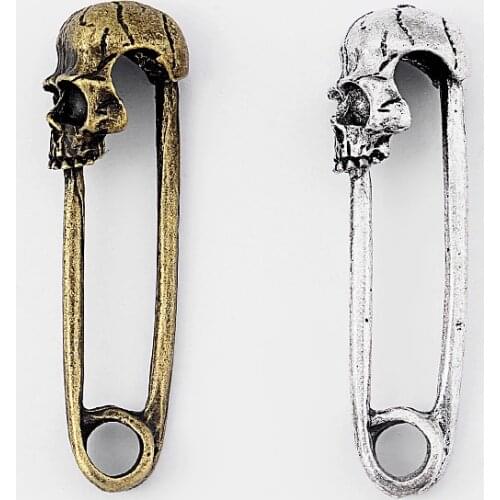 5pcs Tibetan Silver/Bronze 3D Skull Head Pin(Can't open) Charm Pendants Jewelry Findings 49*14mm
