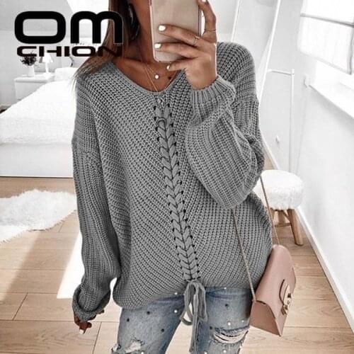 OMCHION Jumpers 2021 Autumn Winter V Neck Women Sweaters And Pullovers Long Sleeve Tie Up Knit Sweater Loose Pull Femme LMY185