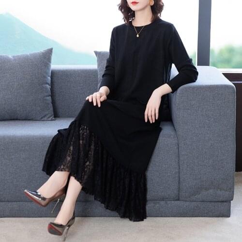 Elegant Sweater Dress O-neck Thick Warm Women Knitted Patchwork Lace Dresses Loose Ladies Sweater Clothes 2020 Autumn Winter