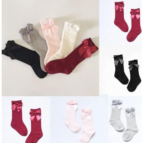 FOCUSNORM 0-4 Years Infant Baby Girls Knee High Stockings Cotton Bow Knee Tight Ribbon Set