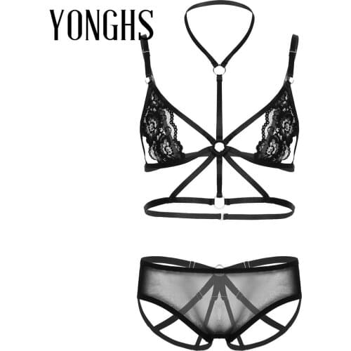 Mens Sissy Crossdresser See Through Sheer Lace Lingerie Set Halter Neck Crossed Front Bra Top with Open Butt G-string Briefs