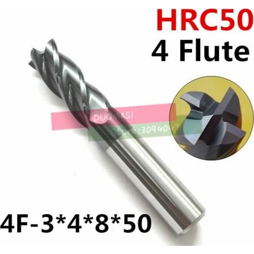 4f-3.0*4*8*50,hrc50,material Carbide Square Flatted End Mill four 4 flute 3mm coating nano use for High-speed milling machine