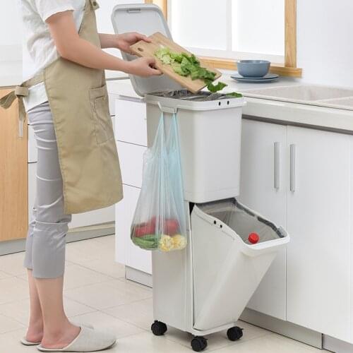 Recycle Bin Waste Bin Big Trash Can Kitchen Double Layer Pulley Trash Can Dry and Wet Separation Poubelle Kitchen Storage DG50WS