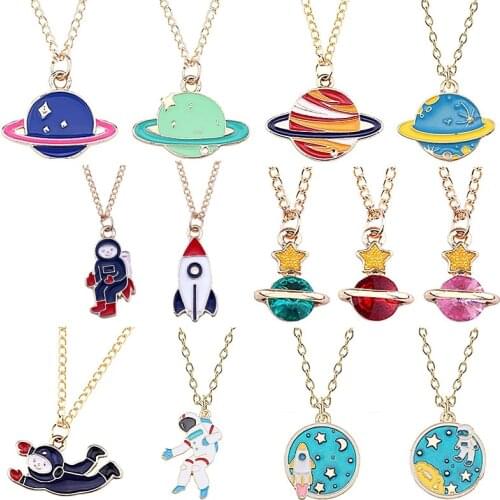 Fashion Space Planet Astronaut Necklace Cartoon Planet Rocket Spacecraft Pendant Metal Necklace Men and Women Daily Jewelry 2020