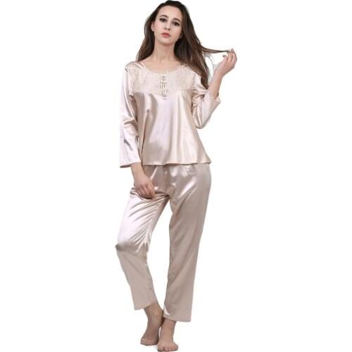 New Satin Women Pajamas Sets Long Sleeves Nightshirt Top with Full-Length Pants Pyjamas Sleepwear Ladies Home Clothing