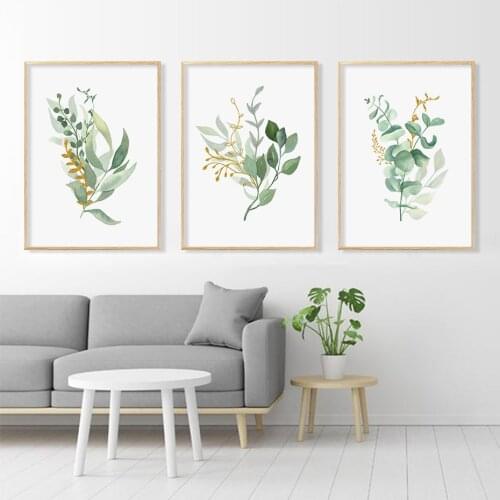 Nordic Green Leaf Floral Gold Minimalist Posters Modern Canvas Painting Wall Art Print Pictures Living Room Interior Home Decor