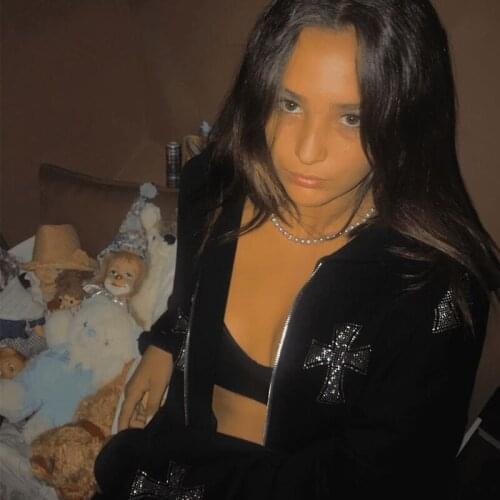 Rhinestone Gothic Y2k Hoodie For Women Hip Hop Goth Dark Joggers Sweatshirt Womens Fashion 90s Vintage Long Sleeve Sport Coat