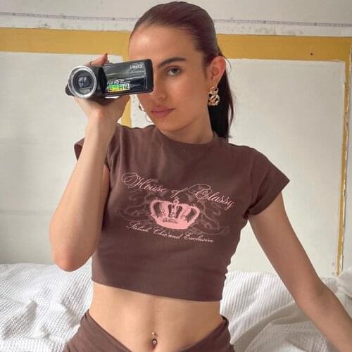 Vintage t shirt chest letter print short-sleeved pullover T-shirt womens summer slim crop top y2k harajuku t shirt femme y2k