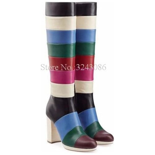 Fashion Rainbow Color Chunky Heel Leather Knee High Boots Women New Mixed Color Patckwork Platform Long Boots Lady Large Size