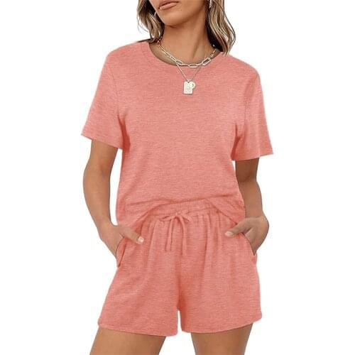 2021 Summer New Women Casual Suits O Neck Short Sleeve Tops And Elastic Waist Drawstring Pocket Wide Leg Shorts Ladies Sets