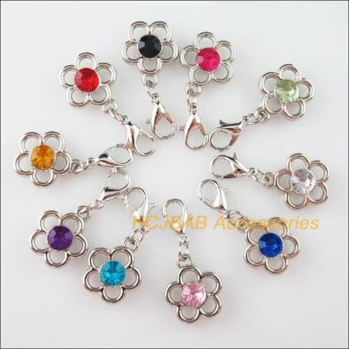 10Pcs Dull Silver Plated Mixed Crystal Flower Charms With Lobster Claw Clasps 15x17mm