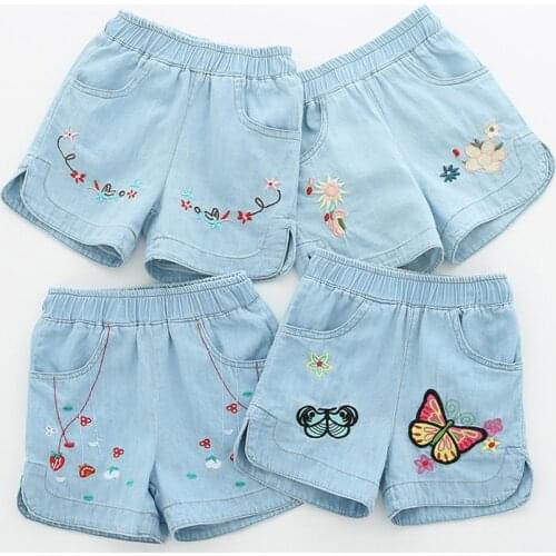 2021 Hot Summer Casual 2 3 4 6 8 10 12Years Children Embroidery Flower Cotton Pocket Denim Blue Shorts For Small Baby Kids Girls