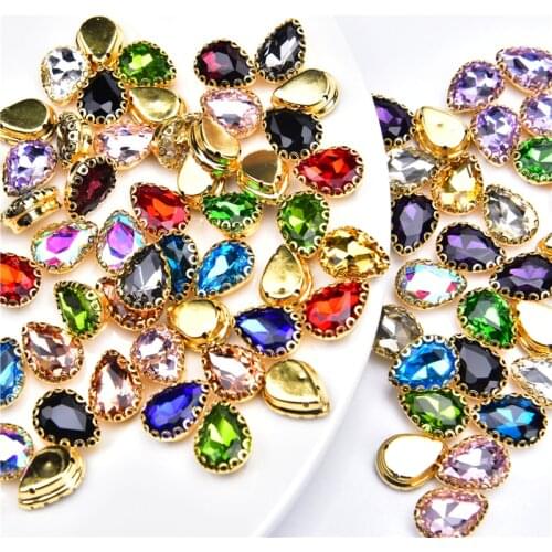 8X13Mm 10X14Mm Teardrop Glass Diamond Gold Metal Claw 20Pcs Droplet Sew On Rhinestone Hand Made Wedding Dress Diy Garment Trim