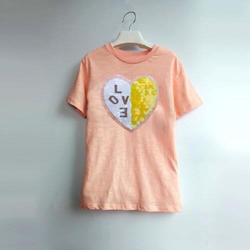 Kids Heart-Shaped Sequin T-shirt Girls O-neck Short-Sleeved Summer Tshirt Top Casual T-shirt Childrens Change graph Cotton Tee
