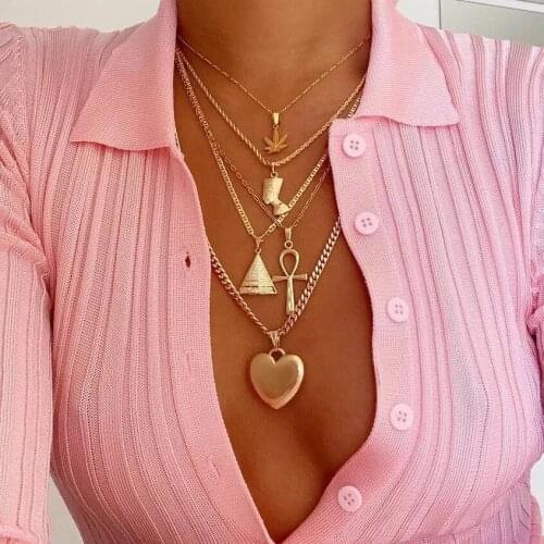 Exaggerated Womens Punk Heart Cross Triangle Leaf Portrait Pendant Multilayer Clavicle Chain Beach Necklace Jewelry Gift