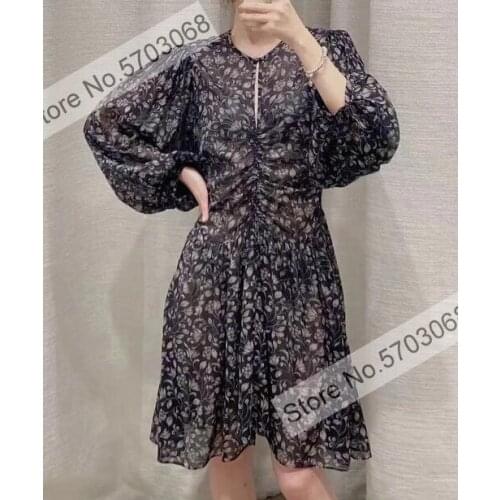 Ladies Puff Sleeve Floral Printed Short Mini Dress With Gathering Waist & Lining