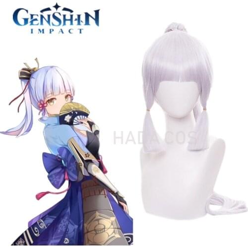 Genshin Impact Cosplay Shenli Linghua Wig Kamisato Ayaka Long Straight Ponytail Bangs Temples Heat Resistant Hair Role Play