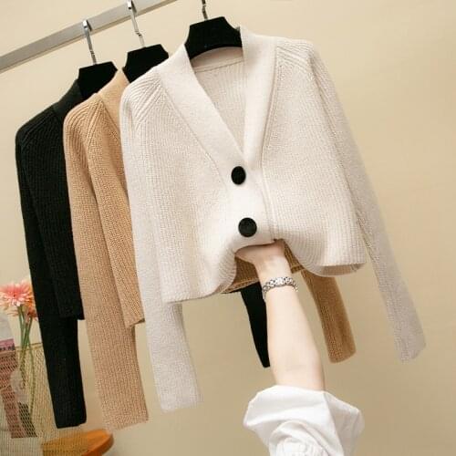 Short High Women Sweater and Cardigan V-neck Button Solid Sexy Lady Elegant Putwear Coat Tops