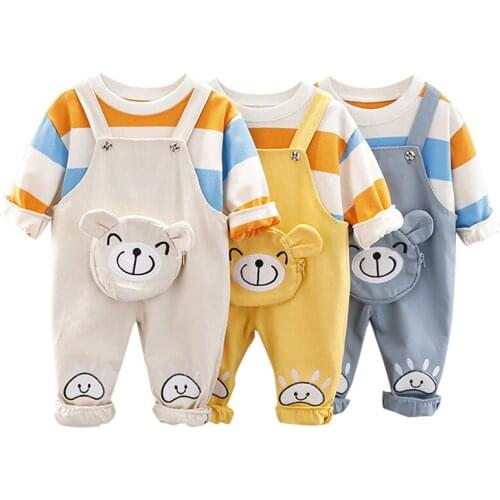 Boys and girls baby color striped bear bag suit one-piece bib suit 2021 new boy sweatshirt Korean version of the autumn style