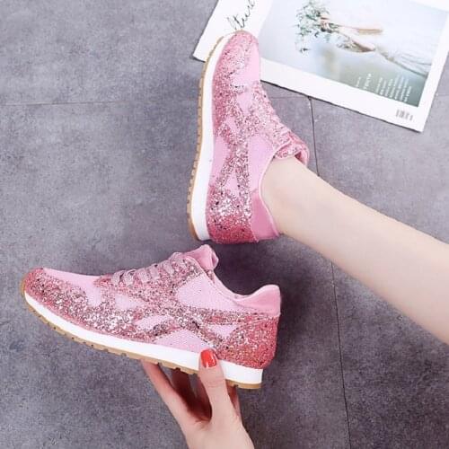 ZEEKSON Casual Lace-up Mesh Womens Shoes Trendy Personality Sequined Wild Shoes Breathable Sports Single Shoes Large Size 43