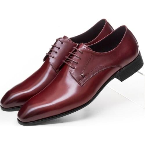 Fashion Pointed Toe Wine Red / Black Derby Wedding Shoes Mens Dress Shoes Genuine Leather Mens Business Shoes