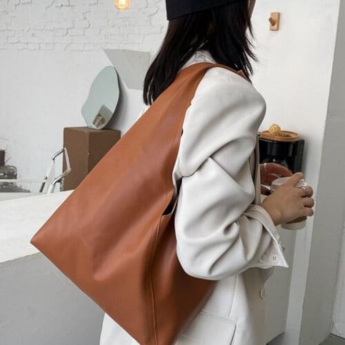 Solid Bucket Large Capacity Tote Bag Women Vintage Soft Surface Open PU Tote Bag WomenS Korean Fashion Shoulder Bags Woman 2021