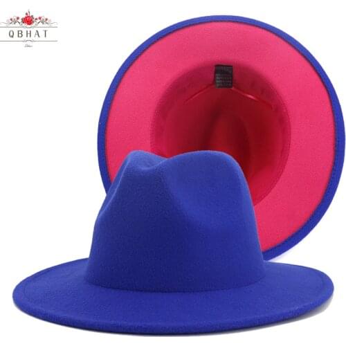 QBHAT Double-Sided Blue with Hot Pink Bottom Woolen Hat Men Women Wide Brim Panama Jazz Fedora Hats with Felt Band Patchwok Hat