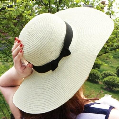 Seioum High Quality Summer Sun Hats for Women Solid Large Brimmed Sun Hats White Floppy Hats with Bow tie Ladies Beach Hat