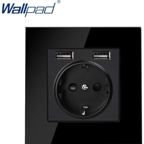 Wallpad 2 USB With EU German Socket Luxury Black Crystal Tempered Glass Panel 86*86mm AC110-250V