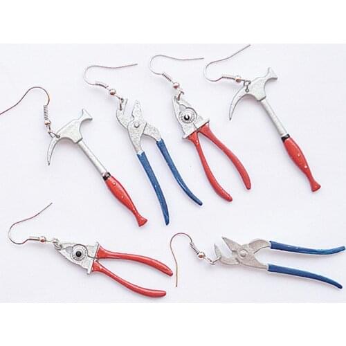 Funny Creative Handmade Tools Earrings for Women Girls DIY Fashion Simulation Tongs Hammers Exaggerated Red Blue Dangle Earrings