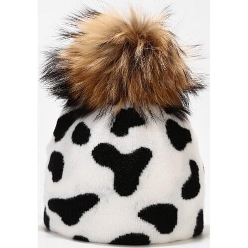 Women Hat Winter Knit Real Fur Pompom Beanie Girl Teenagers Warm Autumn Animal Jacquard Outdoor Ski Snow Accessory